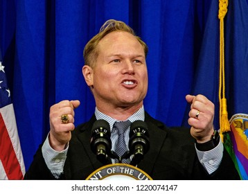 Topeka Kansas, USA, October 19, 2018
Steve Watkins Republican Candidate Campaigning For The Seat In The Kansas's 2nd Congressional District Delivers A Short Speech At A Fundraiser .