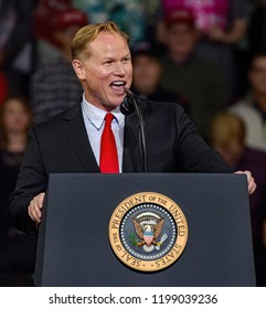 Topeka Kansas, USA, October 6, 2018
Army Veteran Steve Watkins The Republican Candidate For Kansas's 2nd Congressional District After Being Introduced To The MAGA Rally Crowd By President Donald Trump