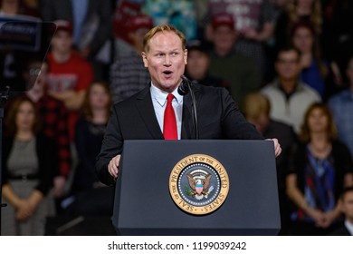 Topeka Kansas, USA, October 6, 2018
Army Veteran Steve Watkins The Republican Candidate For Kansas's 2nd Congressional District After Being Introduced To The MAGA Rally Crowd By President Donald Trump