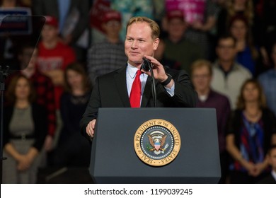 Topeka Kansas, USA, October 6, 2018
Army Veteran Steve Watkins The Republican Candidate For Kansas's 2nd Congressional District After Being Introduced To The MAGA Rally Crowd By President Donald Trump