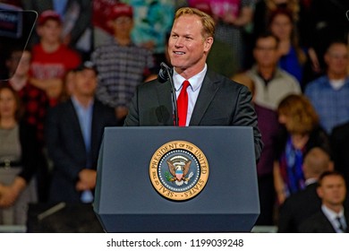 Topeka Kansas, USA, October 6, 2018
Army Veteran Steve Watkins The Republican Candidate For Kansas's 2nd Congressional District After Being Introduced To The MAGA Rally Crowd By President Donald Trump