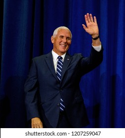 Topeka Kansas,USA, October 19, 2018 
Vice-President Mike Pence Waves To Supporters At A Fundraiser For Republican Congressional Candidate Steve Watkins  