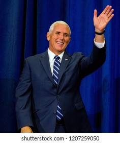 Topeka Kansas,USA, October 19, 2018 
Vice-President Mike Pence Waves To Supporters At A Fundraiser For Republican Congressional Candidate Steve Watkins  