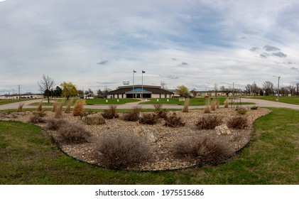 Topeka, KS United States Of America - March 27th, 2021: Museum Of The Kansas National Guard.  Wide Panoramic View Of Main Entrance And Garden.