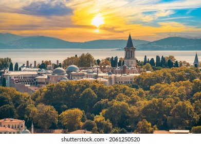 Topkapi Palace Before Marmara Sea, Istanbul, Turkey. Golden horn and topkapi palace at golden sunset - Shutterstock ID 2061250520