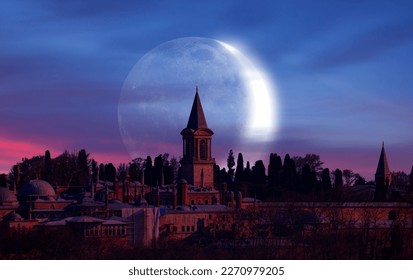 Topkapi Palace with crescent moon at sunset - Istanbul Turkey  - Powered by Shutterstock