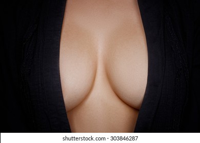 Topless beauty woman body covering her breast 
