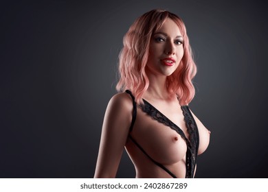 Topless smiling woman with pink cotton candy hair in bondage