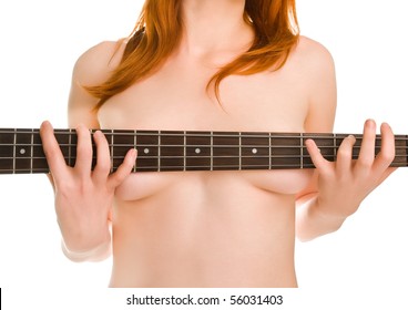 Topless woman with guitar neck