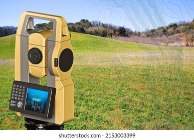 Topographic survey of an hilly terrain, level curves and 3D rendering of a geodesic device, called Total Station used for the survey of topographic maps and topographical relief