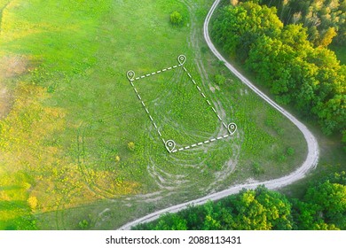 Topographical Marking Of Land Plot For Private Residence House Construction. Land Plot Plan Marking. Land Plot For Housing On Green Field - Aerial Drone Shot.