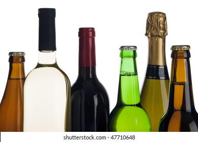 Tops Of Six Beer, Wine And Champagne Bottles