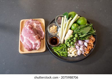 Topview Flatlay Of Raw Pork And Herb Ingredients, Preparation For Cooking In Thai Food Menu. Clipping Paths.