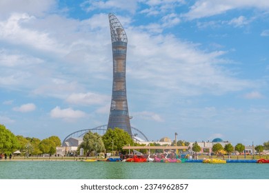The torch tower in Doha viewed from the Aspire park, Qatar.
