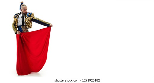 Torero in blue and gold suit or typical spanish bullfighter isolated over white studio background. The taming, achieving the goal, mortification, conquest, boss, leadership, battle, win, winner - Powered by Shutterstock