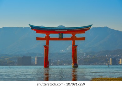 Tori gate of Itsukushima Shrine on Miyajima Island, Hiroshima, Japan