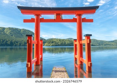 Torii gate in Japanese temple gate at Hakone Shrine near lake Ashi at Hakone city, Kanagawa prefecture, Japan