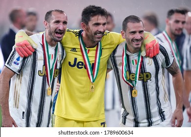 Torino (Italy) 01th August 2020. Italian Serie A.  Juventus Fc Vs As Roma.  Giorgio Chiellini , Gianluigi Buffon And Leonardo Bonucci Of Juventus FC