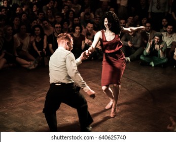 Torino, Italy. March 20, 2017. Swing dancers on the dance hall at Torino swing train festival