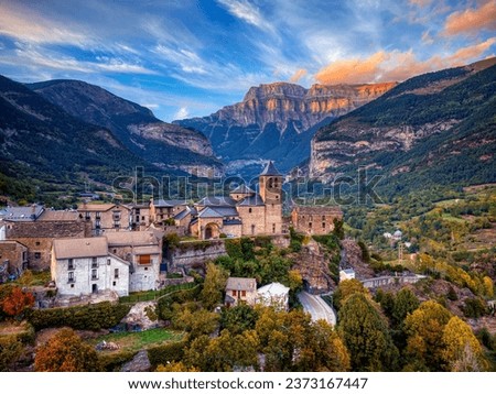 Torla-Ordesa at sunset and the Ordesa  Monte Perdido National Park in pyrenees Spain