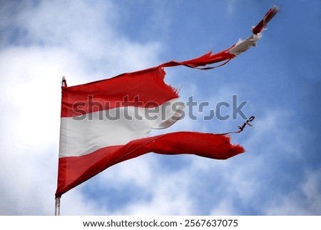 A torn Austrian flag with clouds waving in the wind reflects the people's disagreement in the parliamentary elections.