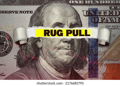 Torn bills revealing Rug Pull words. Ideas for Cryptocurrency rug pulling investors, NFT project scams, Stablecoin loses its dollar peg, Scammer liquidating their token, News header or Banner online - Shutterstock ID 2176685795
