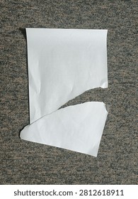 Torn blank white paper on a textured carpet background, symbolizing damage, waste, or document destruction.
