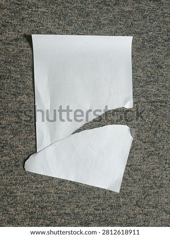 Torn blank white paper on a textured carpet background, symbolizing damage, waste, or document destruction.