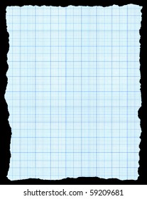 Torn Blue Graph Paper Isolated On A Black Background.