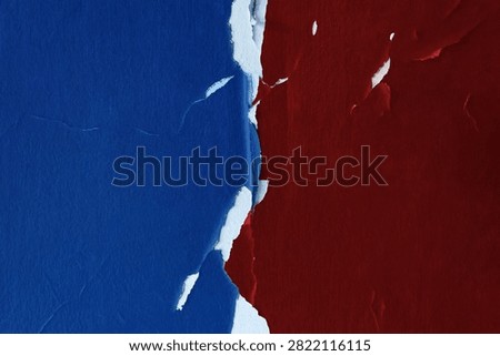 Torn blue and red wall surfaces reveal a white divide, representing geopolitical conflict, political polarization, social division, opposing sides, and fractured relations