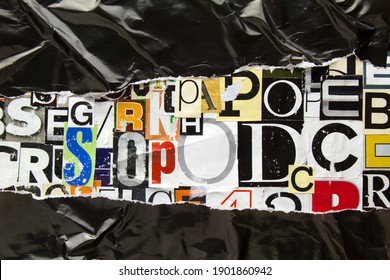 Torn And Crumpled Black Paper On Collage From Clippings With Newspaper Magazine Letters And Numbers. Ripped Black Paper On Alphabet Letters Cutting From Magazine. Abstract Fashion Background.