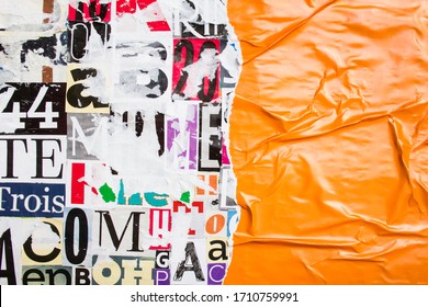 Torn And Crumpled Orange Glossy Paper Poster On Bright Colorful Collage Of Magazine Paper Pieces And Clippings With Letters And Numbers Background.