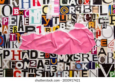 Torn And Crumpled Piece Of Pink Paper On Collage From Clippings With Newspaper Magazine Letters And Numbers. Ripped Pink Paper On Alphabet Letters Cutting From Magazine. Copy Space For Text.