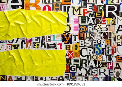 Torn and crumpled pieces of yellow paper on collage from clippings with newspaper magazine letters and numbers. Ripped yellow paper glued on alphabet letters cutting from magazine background.