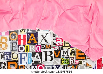 Torn and crumpled pink glossy paper on colorful collage from magazine clippings with letters and numbers. Abstract background.