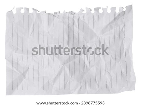 Torn and crumpled sheet from a notebook in a line on a white isolated background