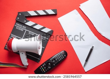 Torn documents, TV remote controller, movie clapper board, megaphone.