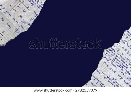 Torn graph paper with handwritten math notes frames, empty copy space on dark blue background. Back to school. Concept of math study, education, exam preparation, paper mockup