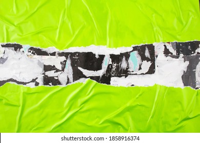 Torn Green Paper Poster. Abstract Background Of Ripped And Crumpled Green Glossy Magazine Paper.