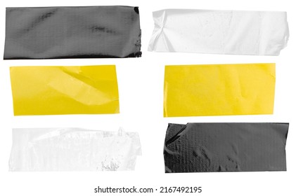 Torn horizontal and different size glossy black, yellow, white sticky tape, sticky pieces on a white background. A set of ribbons in different colors.