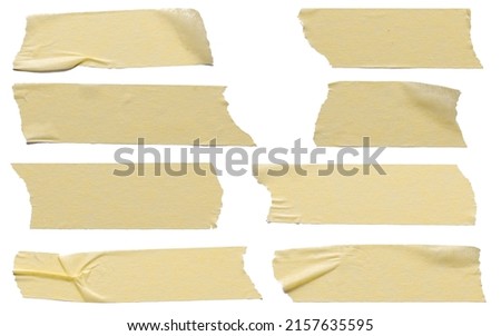Torn horizontal and different size yellow sticky tape, sticky pieces isolated on white background. Set of yellow tapes.