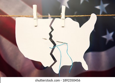 Torn Map Of America USA Is Sewn Back Together As A Symbol Of Healing And Unite After Problems Crisis And Chaos Of Division In Country