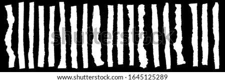 Torn, narrow, and long strips of white paper on an isolated black background.