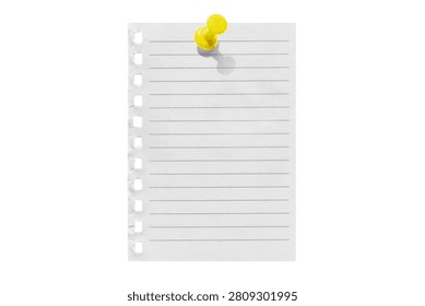 Torn notebook paper attached with a push pin isolated on a transparent background.