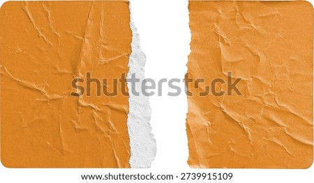 Torn Orange Paper Sticker Split into Two Halves isolated on transparent background