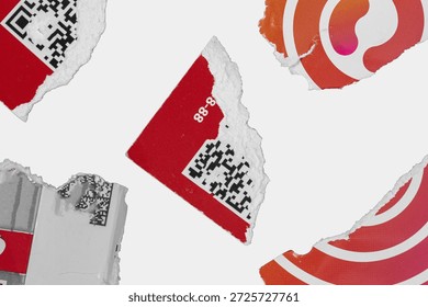 Torn paper with a barcode pattern and distressed pieces paper stickers texture. Collage of torn sticker pieces with QR codes, numbers and bold patterns, chaotic branding background - Powered by Shutterstock - Get 15% off with code: PIKWIZARD15