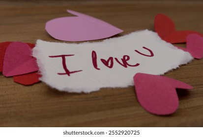 Torn paper with "I love U" handwritten in red ink, surrounded by handcrafted pink and red hearts on wooden surface. - Powered by Shutterstock