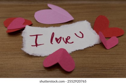 Torn paper with "I love U" handwritten in red ink, surrounded by handcrafted pink and red hearts on wooden surface. - Powered by Shutterstock