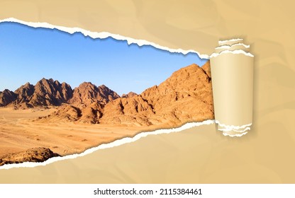 Torn Paper With Mountain Landscape In Opening Background