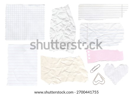 Torn paper notes and clips. Isolated objects. Set of crumpled notebook and pastel paper pieces, perfect for collage art, journaling, scrapbooking, digital planners, and stationery design.